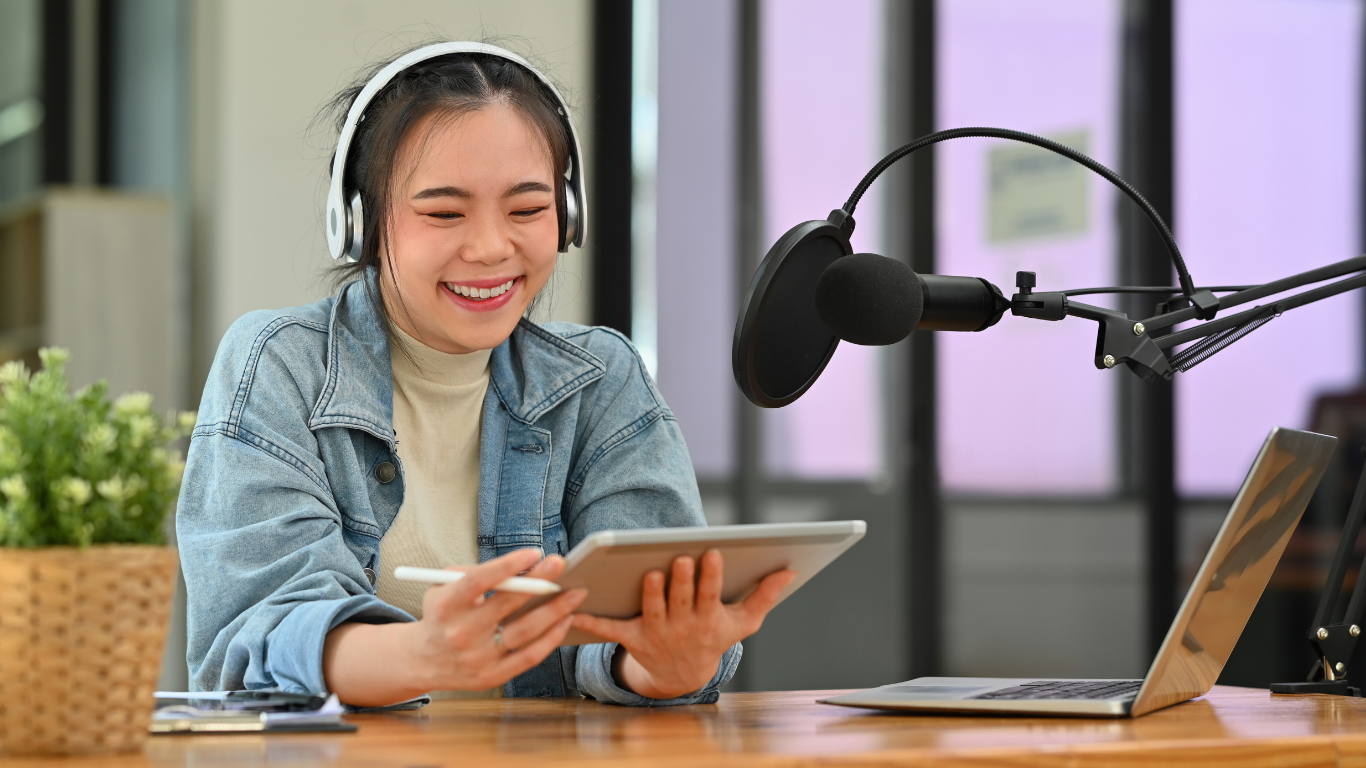Podcast host recording at The Pod Media Factory studio in Renon, Bali