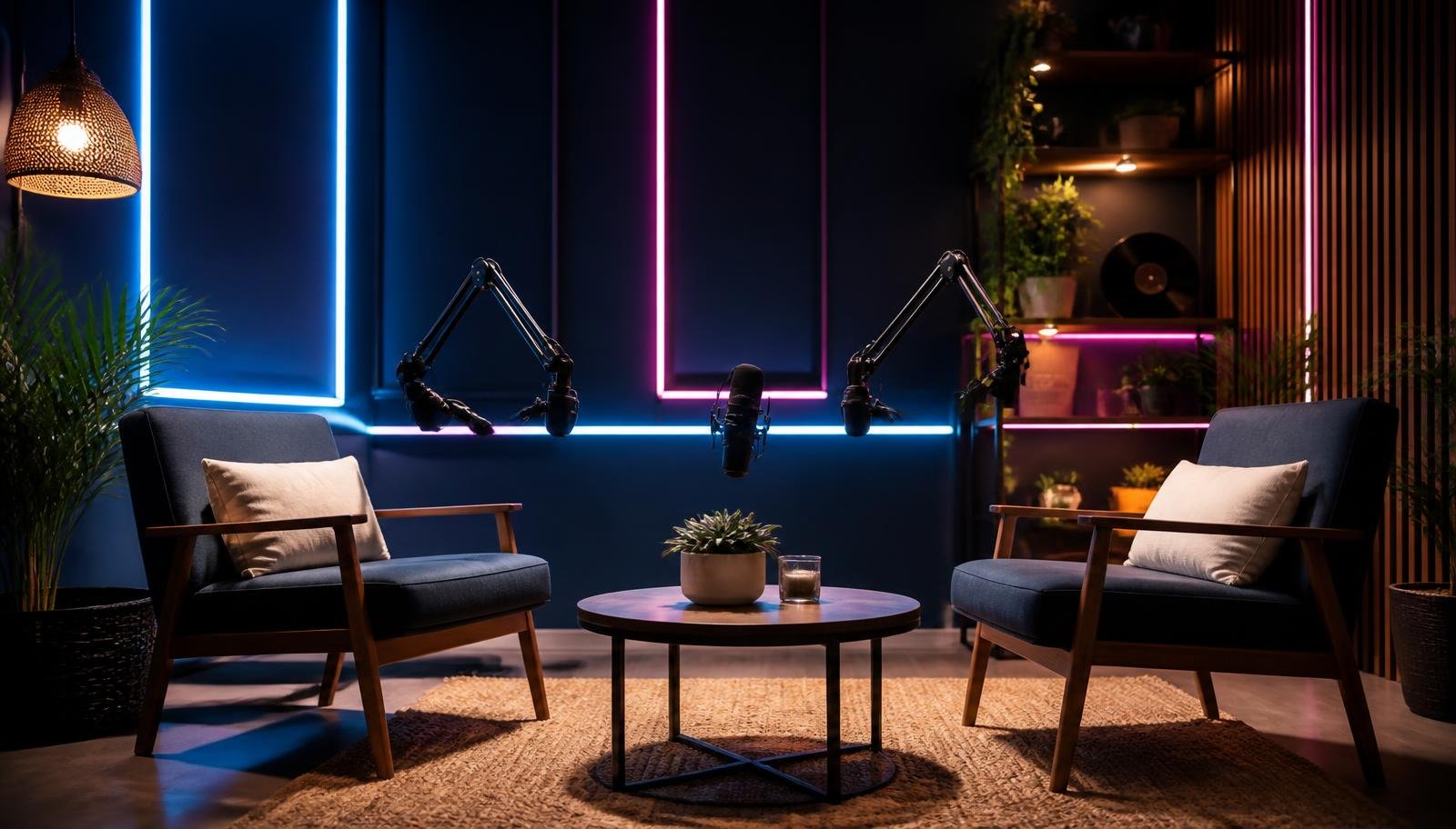 Podcast studio look with armchairs, neon cyan and magenta accent lighting in Renon, Bali