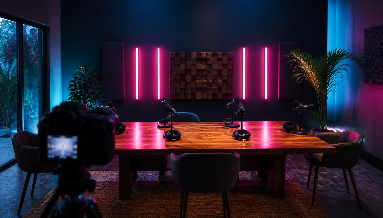 Multi-camera podcast studio look with long table, four microphones and neon magenta panels