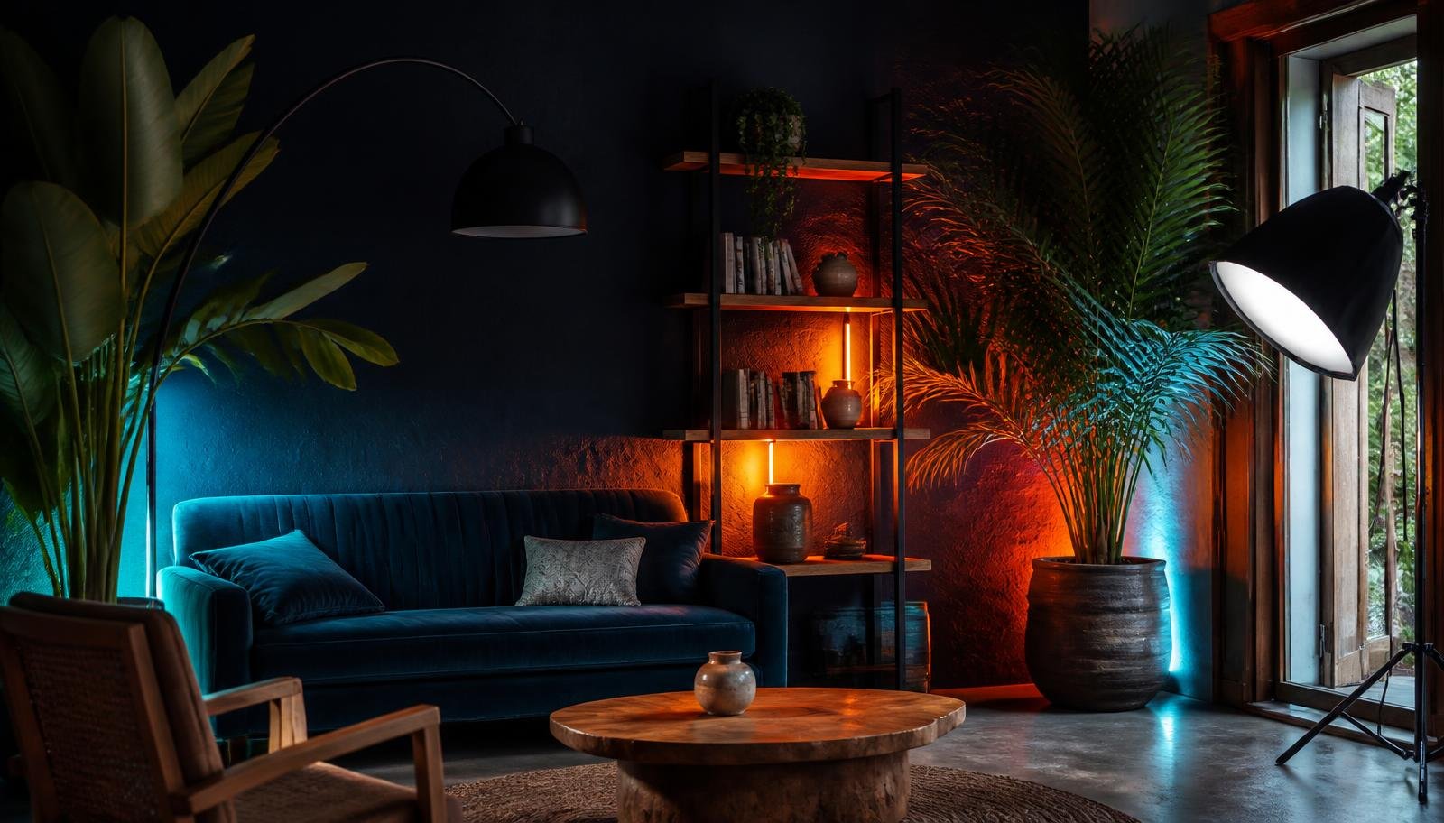 Video studio look with velvet sofa, plants and styled shelving in deep navy