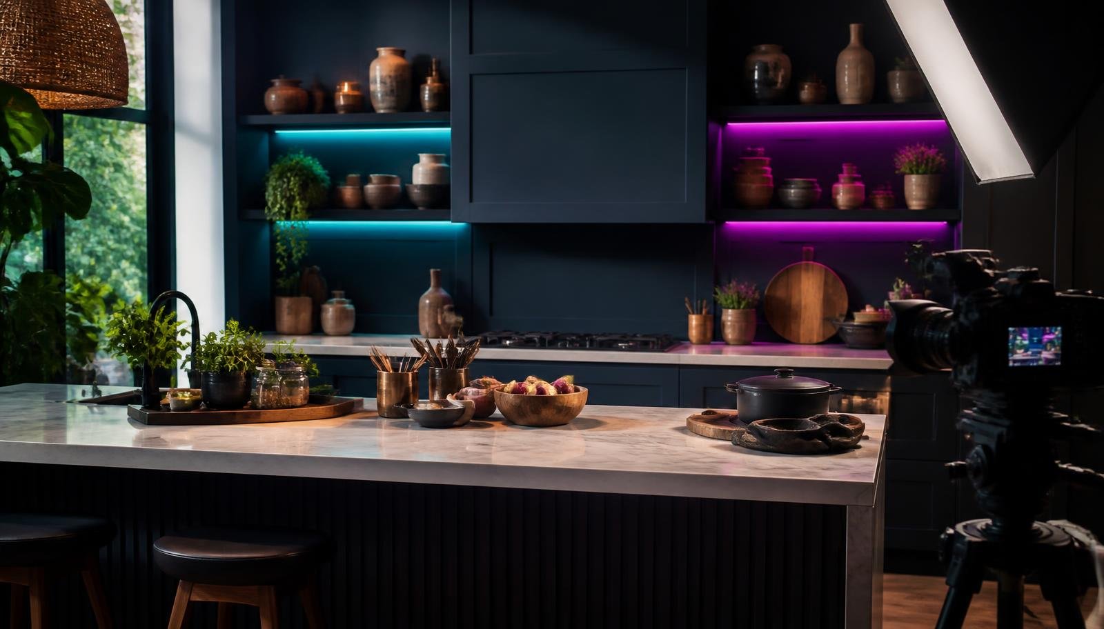 Kitchen-style studio look for cooking and lifestyle content with neon accent lighting