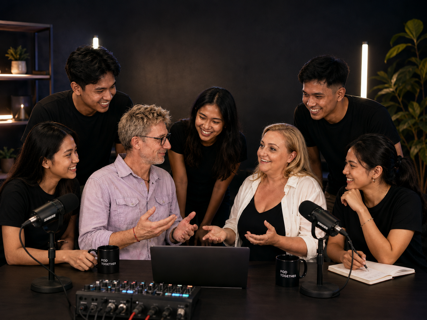 The Pod Media Factory team of seven creators in their podcast studio in Renon, Bali
